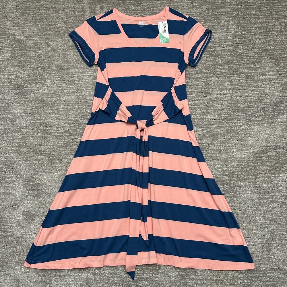 Lands End Dress Womens Petite XL Pink Blue Striped Tie Front Sun Beach Resort